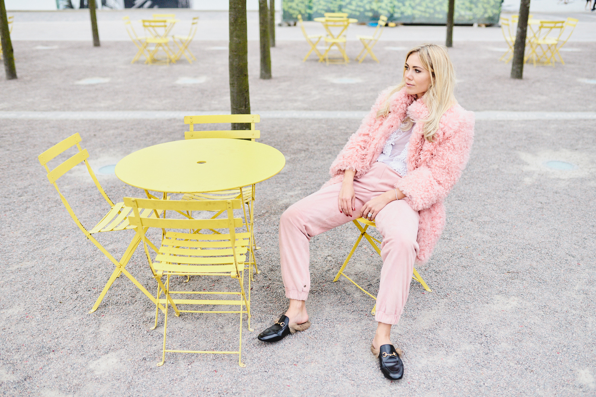 Pink suit, pink fur coat