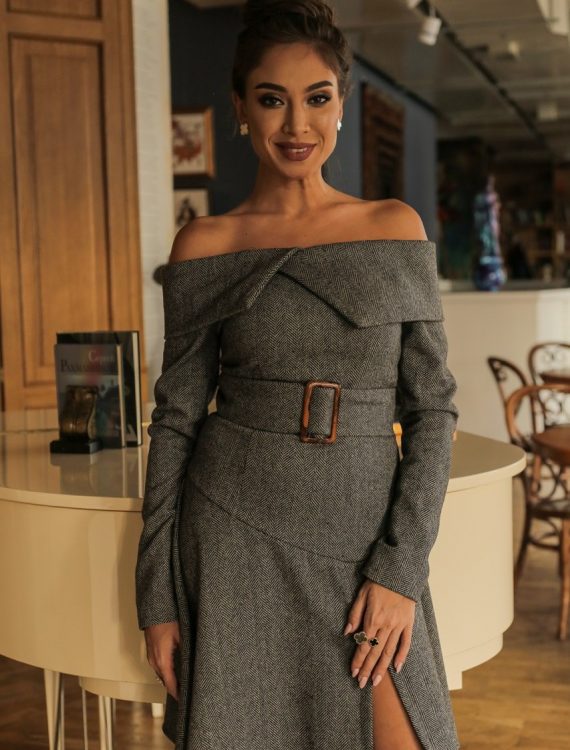 Tweed Open Shoulders Dress with a Belt - Style n Snitch